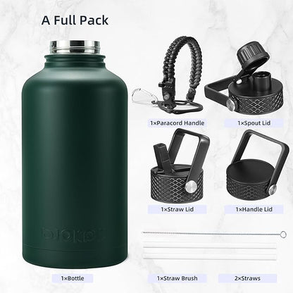BJPKPK Half Gallon Insulated Water Bottles with Straw Lid, 64oz Large Water Jug, Stainless Steel Bottles with 3 Lids and Paracord Handle, Thermo for Hot & Cold Liquid, Army Green