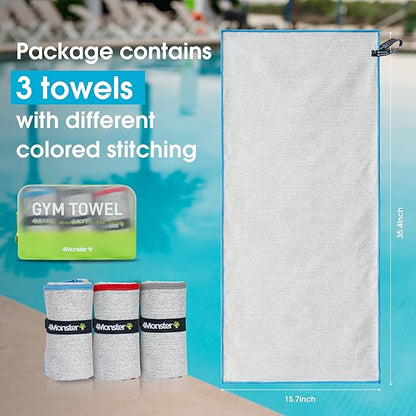 4Monster Microfiber Gym & Travel Towel Set, Quick Dry Camping Towel, Ultra Soft Absorbent Workout Towel for Beach, Pool & Shower (Blue & Gray & Red, 3)