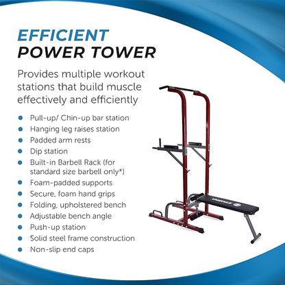 Stamina Full Body Power Tower 735 - Dip Bar with Built-in Bench and Rack - Pull Up Bar Station with Smart Workout App - Dip Bars for Home Workout - Up to 300 lbs Weight Capacity
