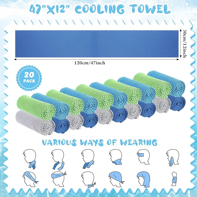 Hosuly 20 Pcs Cooling Towel 47 x 12 Inch Ice Towel for Neck, Microfiber Cool Towel, Breathable Soft Chilly Towel for Yoga, Sports, Gym, Camping, Golf, Running, Fitness, Workout(Mixed Color, 20 Pcs)
