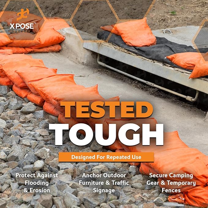Xpose Safety Heavy Duty Sand Bags with Tie Strings – Empty Woven Polypropylene Sandbags for Hurricane Flood Protection, 50 lb Capacity, 14" x 26", Orange, Bulk Half Pallet Pack of 7500
