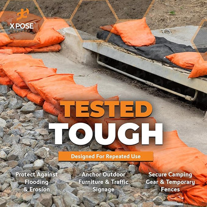 Xpose Safety Heavy Duty Sand Bags with Tie Strings – Empty Woven Polypropylene Sandbags for Hurricane Flood Protection, 50 lb Capacity, 14" x 26", Orange, 15000 Sandbags (Full Pallet)