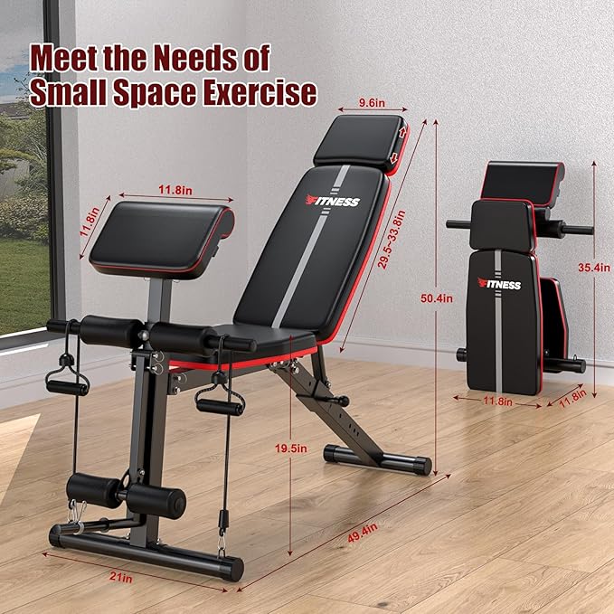 XDDIAS Adjustable Weight Bench, Workout Bench with Leg Extension and Preacher Curl Pad, Weight Bench for Home Gym, Foldable Exercise Bench, Quick Adjustment Incline Bench Press