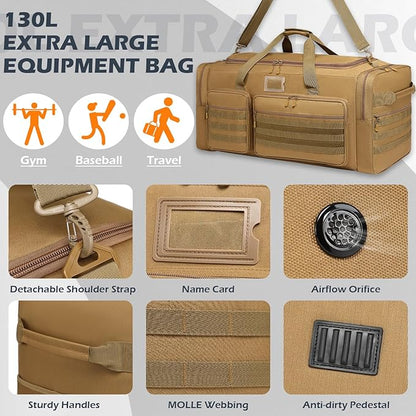 135L Large Duffle Bag, Heavy Duty Duffle Bag for Travel, Extra Large Sports Gym Equipment Bag for Soccer Baseball Basketball Hockey Football, Brown