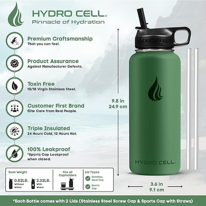 HYDRO CELL Stainless Steel Insulated Water Bottle with Straw - For Cold & Hot Drinks - Metal Vacuum Flask with Screw Cap and Modern Leakproof Sport Thermos for Adults (Forrest 32oz)