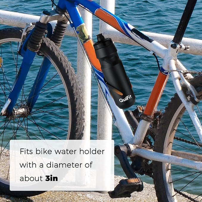 QuiFit 32 oz water bottles 2-Pack, Squeeze Bottles BPA Free, Leak Proof, Reusable Sport Jug with Dust Cover, Fit Most Bike Holders, for Cycling (Black+Black Orange, 32 Ounces)