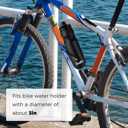 QuiFit 32 oz water bottles 2-Pack, Squeeze Bottles BPA Free, Leak Proof, Reusable Sport Jug with Dust Cover, Fit Most Bike Holders, for Cycling (Black+Black Orange, 32 Ounces)