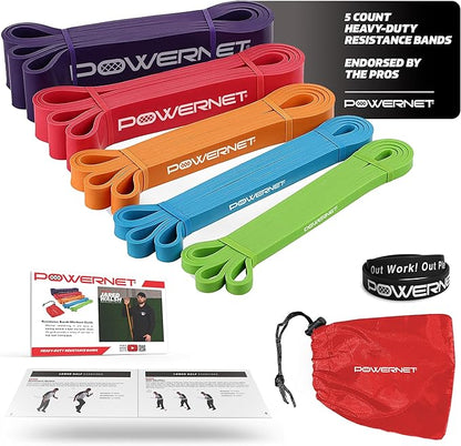 PowerNet Resistance Bands, Heavy Duty & Regular Resistance Color-Coded Exercise Bands, Workout Equipment for Home Gym, Progressive Elastic Bands for Stretching & Training, Regular, Heavy-Duty or Combo
