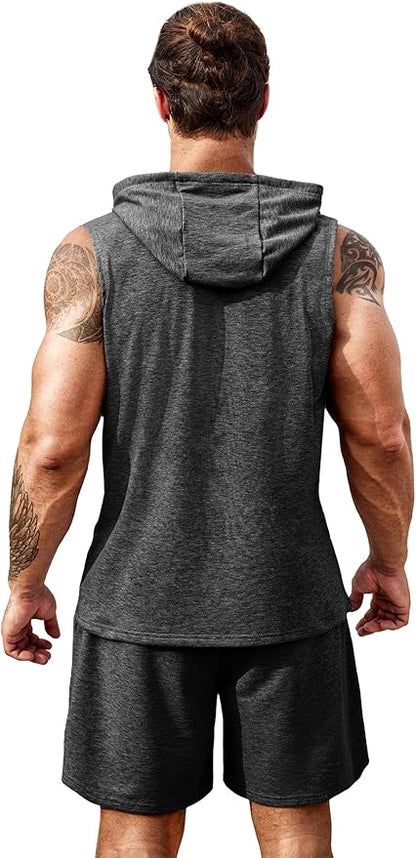 COOFANDY Mens Sleeveless Workout Hoodie Shorts Set 2 Piece Outfits Hooded Tank Tops Gym Tracksuit Sweatsuits