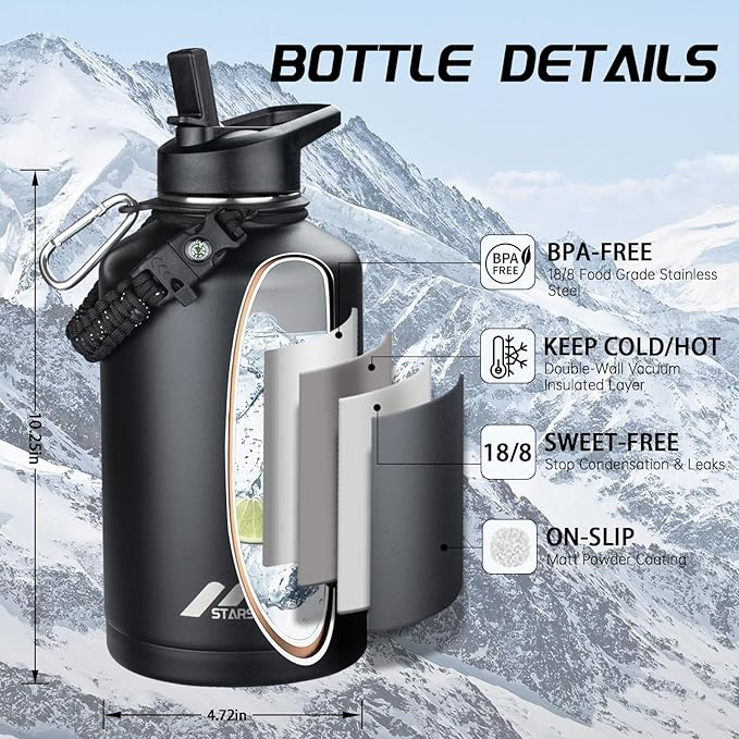 StarSpeed 64oz Insulated Water Bottle with Straws & 2 Lids, Half Gallon Stainless Steel Double Walled Vacuum Water Jug, Large Wide Mouth with Paracord Handle for Gym Camping Hiking, Black
