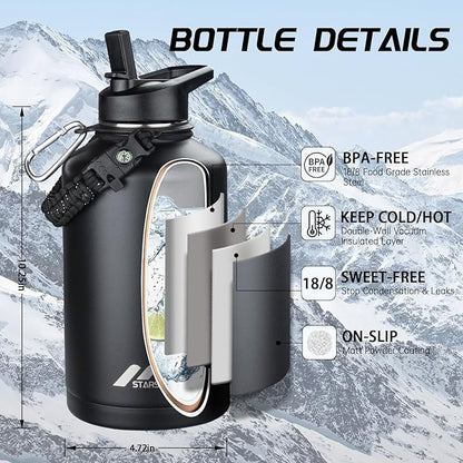 StarSpeed 64oz Insulated Water Bottle with Straws & 2 Lids, Half Gallon Stainless Steel Double Walled Vacuum Water Jug, Large Wide Mouth with Paracord Handle for Gym Camping Hiking, Black