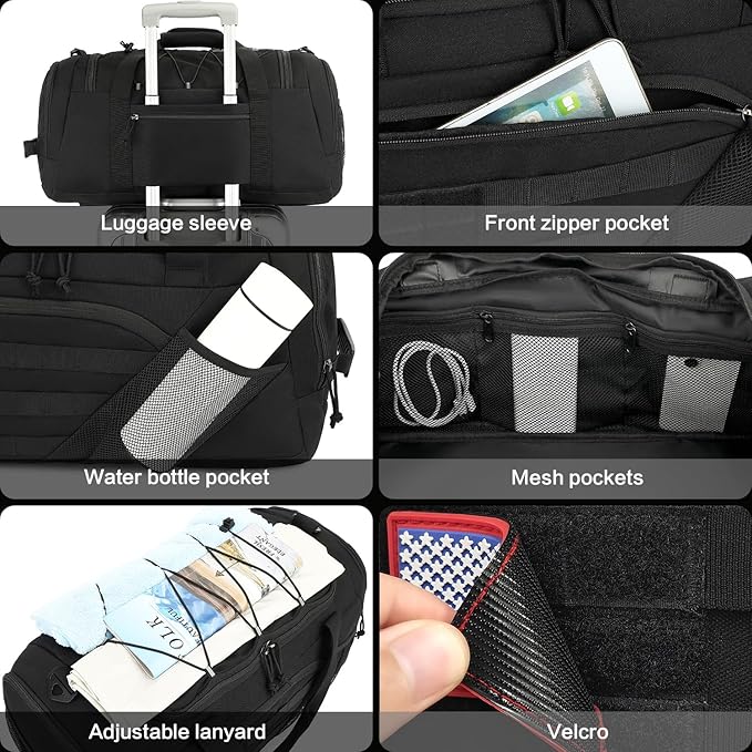 3-in-1 Tactical Gym & Travel Duffle Bag Backpack Men Multi-Functional 45L Military Sports Duffle Bag with Shoe Compartment & Wet Pocket for Workout Weekender Overnight Bag with Molle Webbing, Black