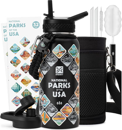 National Parks Water Bottle – 32 oz Insulated Stainless Steel Bottle with 63 Hand-Drawn Park Stickers, Carrier Bag, Strap & Gift Box – BPA-Free – Ideal for Hiking, Camping & Travel