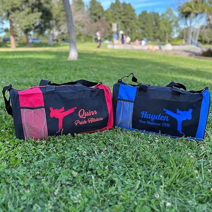 KishKesh Personalized Sport Duffel Bag – Ideal for Martial Arts, Gym, Travel, Training & Workout Essential for Male – Durable, Customizable Name & Text for Kids and Adults – Red, 18" X 10" X 8"
