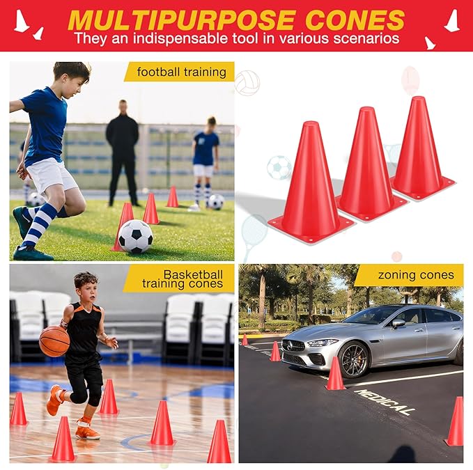 24pcs Cones 9 Inch Soccer Cones and Plastic Traffic Cones, Durable Cones for Sports Training, Ideal for Soccer, Basketball, Football, Skating, and Agility Drills Practice