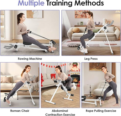 Foldable Ab Machine, 5-in-1 Adjustable Ab Trainer for Home Gym, Full-Body Core Workout Equipment with 10 Length Levels, LED Display & Silent Rollers | Sit-Up & Rowing Machine for Abs Sculpting
