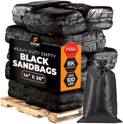 Xpose Safety Heavy Duty Sand Bags with Tie Strings – Empty Woven Polypropylene Sandbags for Hurricane Flood Protection, 100 lb Capacity, 14" x 26", Black, Bulk Full Pallet Pack of 8000