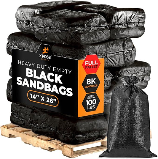 Xpose Safety Heavy Duty Sand Bags with Tie Strings – Empty Woven Polypropylene Sandbags for Hurricane Flood Protection, 100 lb Capacity, 14" x 26", Black, Bulk Full Pallet Pack of 8000