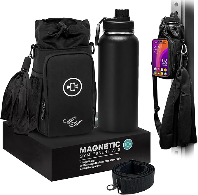Magnetic Gym Bag & Magnetic Water Bottle Holder Set - 40oz Insulated Stainless Steel Bottle, Microfiber Towel, Cross Body Strap & Phone Holder Magnet - Gym Bag Essentials for Fitness, Work & Travel
