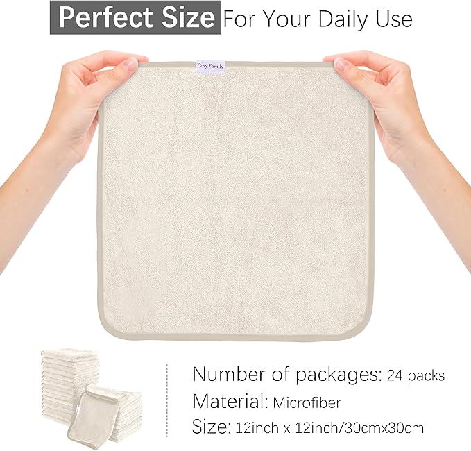 Cosy Family 24 Pack Soft Washcloths Set - 12 x 12 inches, Quick Drying - Highly Absorbent Coral Velvet Fingertip Towel Bathroom Wash Clothes for Bath, Spa, Facial, Kitchen - Cream