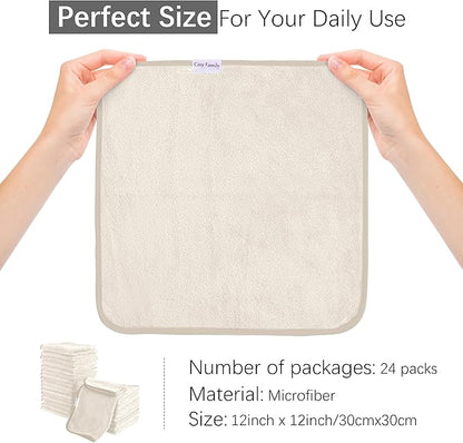 Cosy Family 24 Pack Soft Washcloths Set - 12 x 12 inches, Quick Drying - Highly Absorbent Coral Velvet Fingertip Towel Bathroom Wash Clothes for Bath, Spa, Facial, Kitchen - Cream