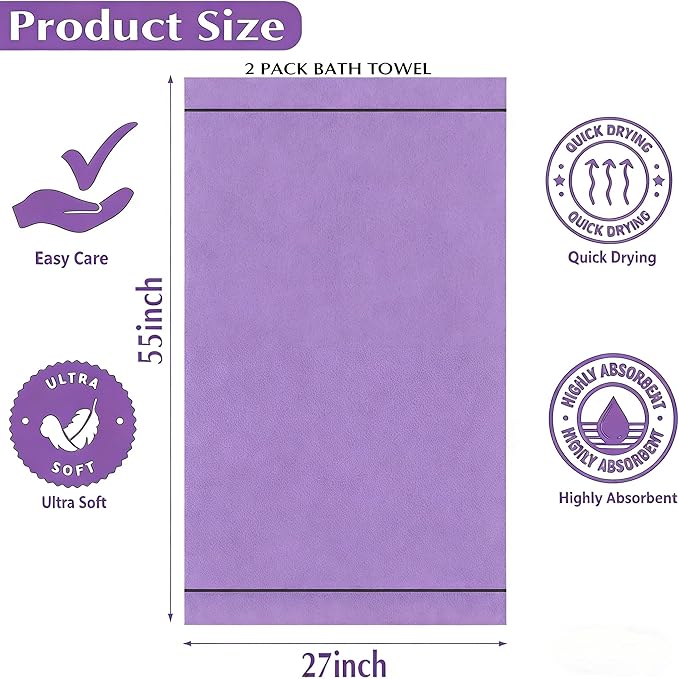 2-Pack Microfiber Bath Towels (27x54 Inches) - Ultra Soft & Quick Dry, 3X Absorbency, Lightweight for Gym, Yoga, Travel & Spa - Perfect for Home, Fitness & Post-Workout