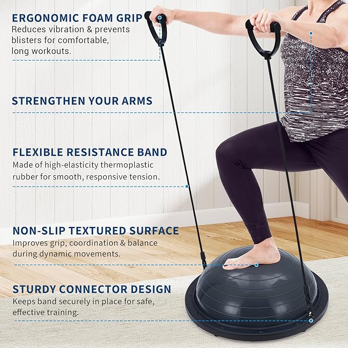23 Inch Half Balance Ball, Anti-Slip with 1600LB Capacity, Stability Trainer for Core Strength, Includes Resistance Bands, Pump & Bonus Yoga Ball for Home Gym Fitness Workouts