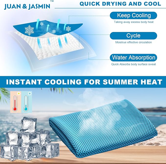 JUAN & JASMIN 2 Pack Cooling Towels (19.5"x15"), Soft Breathable Chilly Towels, Super Absorbent, Ice Wraps, Towels-Ideal for Hiking, Running, Workout, Gym, Dancing, Camping, Fitness (Blue)