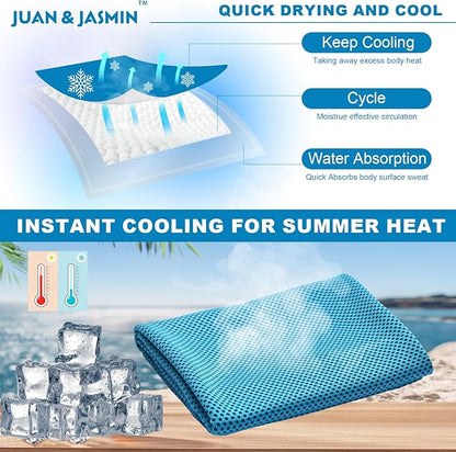 JUAN & JASMIN 2 Pack Cooling Towels (19.5"x15"), Soft Breathable Chilly Towels, Super Absorbent, Ice Wraps, Towels-Ideal for Hiking, Running, Workout, Gym, Dancing, Camping, Fitness (Blue)