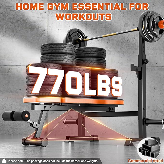 Fostoy 770lbs Weight Bench Set with Squat Rack, 5 in 1 Workout Bench Press With Removable Foot Catch, Adjustable Flat Incline Sit Up Bench for Home Gym Full Body Strength Training