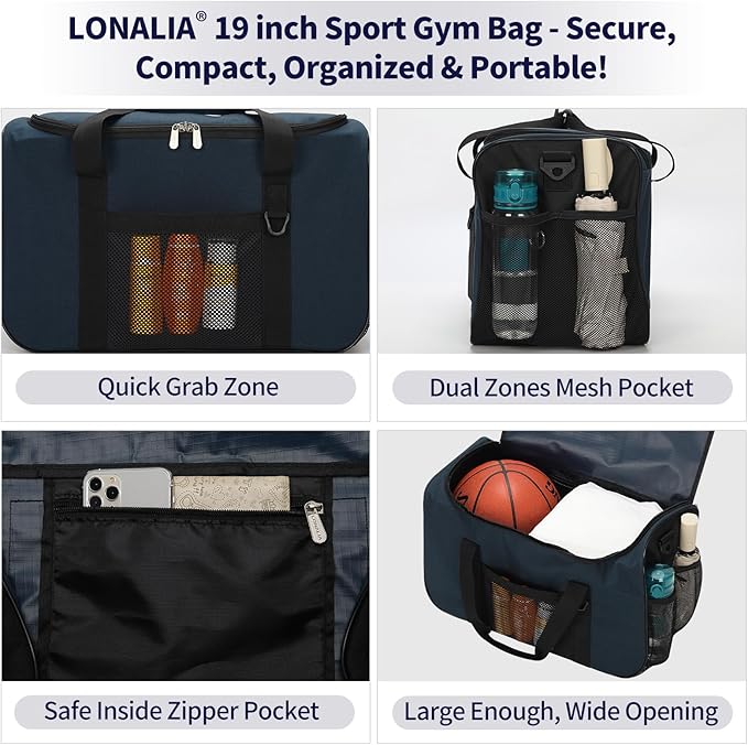 35L Sports Gym Duffle Bag - 19 inch Weekender Duffel for Workout, Basketball, Fitness, Training (Navy Blue)