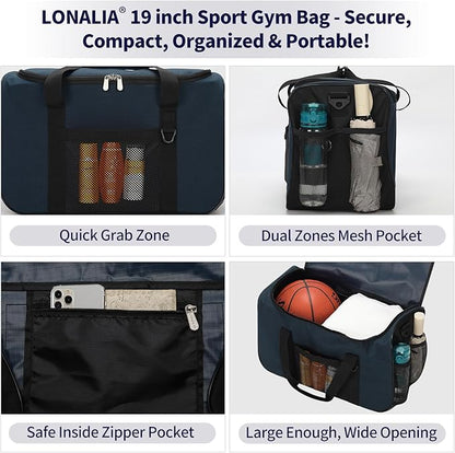 35L Sports Gym Duffle Bag - 19 inch Weekender Duffel for Workout, Basketball, Fitness, Training (Navy Blue)