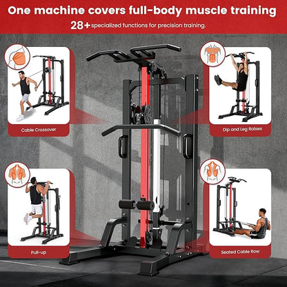 Pull Up Bar Power Tower Dip Station,Cable Machine-Integrated 450LBS Multi-Function Adjustable Height Fitness Strength Training Equipment for Home Gym Strength Training Equipment