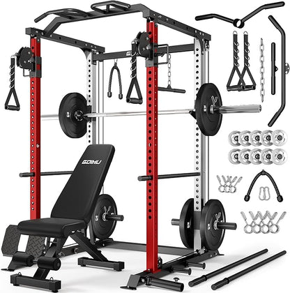 DP01 Power Cage, 2000LBS Squat Rack with with Cable Crossover and Dual Independent Pulley System, Full Cage for Full Body Training, Power Rack with More Training Attachments for Home Gym