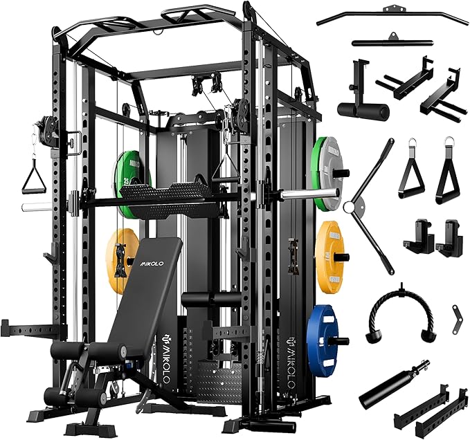 Mikolo Smith Machine with Weight Stack, Power Cage Home Gym System with LAT Pulldown & Cable Crossover, Multi-Functional Trainer with Dual Pulley System, Includes 10+ Free Attachments