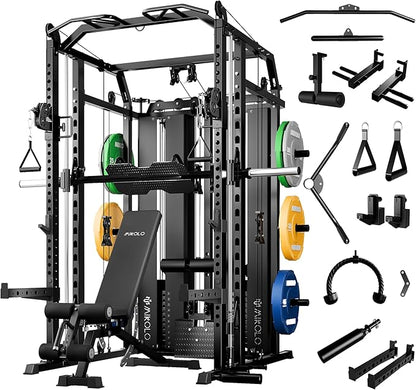 Mikolo Smith Machine with Weight Stack, Power Cage Home Gym System with LAT Pulldown & Cable Crossover, Multi-Functional Trainer with Dual Pulley System, Includes 10+ Free Attachments