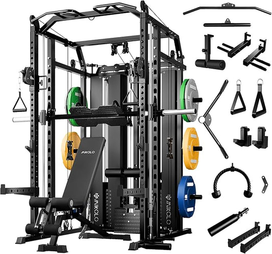 Mikolo Smith Machine with Weight Stack, Power Cage Home Gym System with LAT Pulldown & Cable Crossover, Multi-Functional Trainer with Dual Pulley System, Includes 10+ Free Attachments