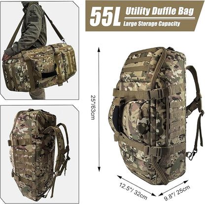 55L Large Duffle Bag, 3-in-1 Tactical Backpack MOLLE Pack for Sports, Gym, Outdoor, CP