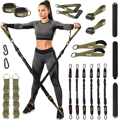 Tube Resistance Bands for Working Out Men and Women - 180lb Exercise Bands Set with Handles, Resistance Band Bar, Ankle Straps, Foot Straps, Door Anchor for Home Gym Strength (Green Set with Bar)