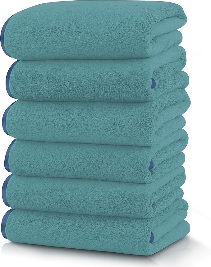 TENSTARS Silk Hemming Hand Towels for Bathroom - Quick Drying - Ultra Soft Microfiber Absorbent Towel for Bath Fitness, Gym, Shower, Hotel, and Spa - 16x28 Inch | Set of 6, Teal