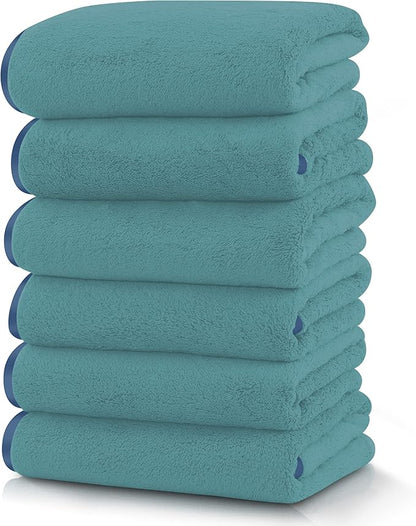TENSTARS Silk Hemming Hand Towels for Bathroom - Quick Drying - Ultra Soft Microfiber Absorbent Towel for Bath Fitness, Gym, Shower, Hotel, and Spa - 16x28 Inch | Set of 6, Teal