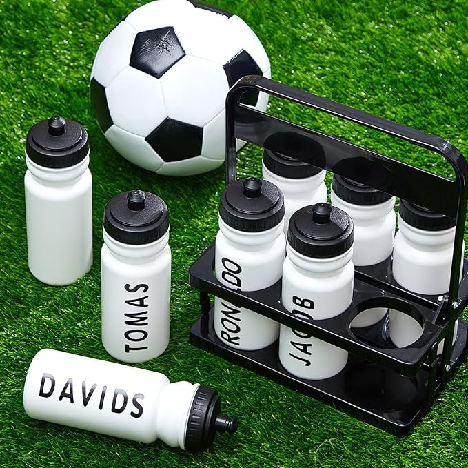Suclain 7 Pcs Water Bottle Carrier with 20 Oz Bottles and Stickers Plastic Wide Mouth Sports Water Bottle Squeeze Team Bottles with Black Lid for Fitness Bike Gym (White)