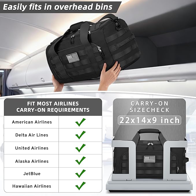 ZOMFELT Tactical Gym Bags for Men, 22x14x9 Carry On Luggage Duffle Bag for Travel, 3-in-1 Sports Basketball Soccer Bag with Removable Dividers & Shoe Compartment, Weekender Overnight Travel bag, Black