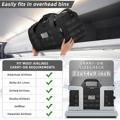 ZOMFELT Tactical Gym Bags for Men, 22x14x9 Carry On Luggage Duffle Bag for Travel, 3-in-1 Sports Basketball Soccer Bag with Removable Dividers & Shoe Compartment, Weekender Overnight Travel bag, Black