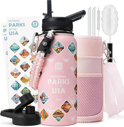 National Parks Water Bottle – 32 oz Insulated Stainless Steel Bottle with 63 Hand-Drawn Park Stickers, Carrier Bag, Strap & Gift Box – BPA-Free – Ideal for Hiking, Camping & Travel