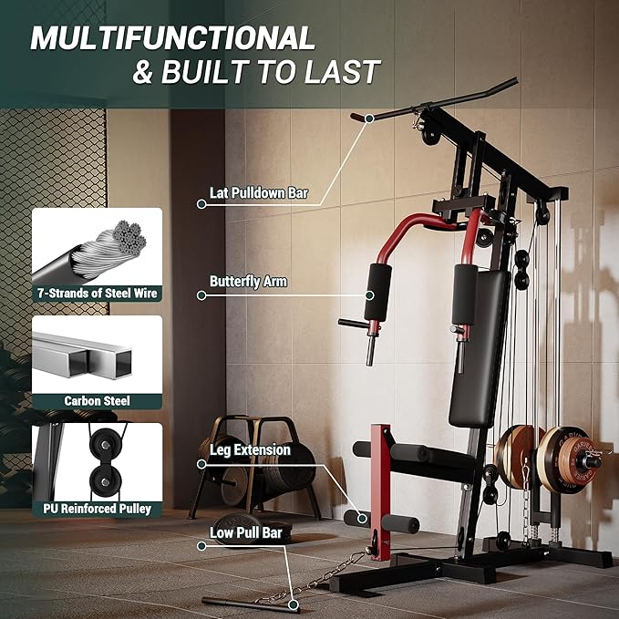Multifunctional Home Gym Equipment - 300LB Capacity All-in-one Workout Station with Cable Pulley System, LAT Pulldown, Chest Press & Leg Extension for Full Body Strength Training