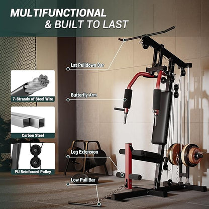 Multifunctional Home Gym Equipment - 300LB Capacity All-in-one Workout Station with Cable Pulley System, LAT Pulldown, Chest Press & Leg Extension for Full Body Strength Training