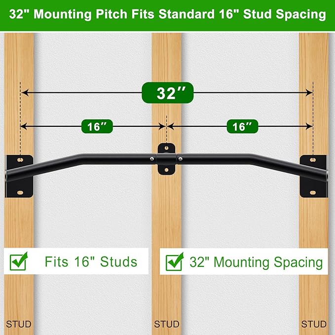 SELEWARE Heavy Duty Wall Mount Pull Up Bar, Joist Mount Chin Up Bar for Doorway, Sturdy Steel Construction, w/Resistance Band Hooks, Fits 32"/36" Wall Studs for Home Gym Strength Training