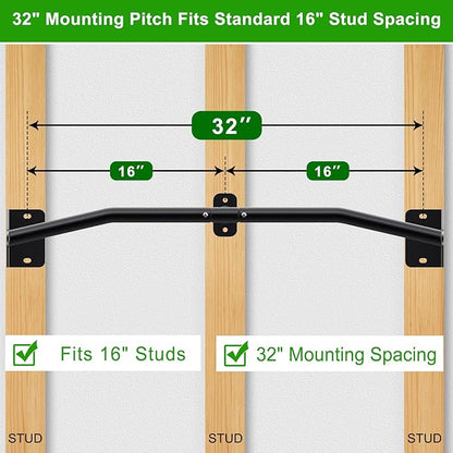 SELEWARE Heavy Duty Wall Mount Pull Up Bar, Joist Mount Chin Up Bar for Doorway, Sturdy Steel Construction, w/Resistance Band Hooks, Fits 32"/36" Wall Studs for Home Gym Strength Training