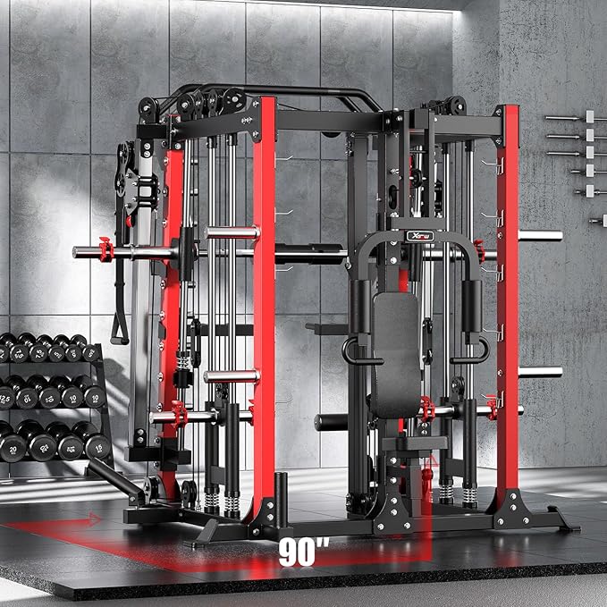 Smith Machine with Cable Crossover System, Multi-Function Squat Rack Power Cage for Home Gym, Power Rack and Packages Weight Sets